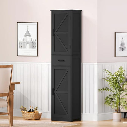 TEENFON Tall Bathroom Cabinet, Storage Cabinet with 6 Shelves & Drawer, Bathroom Storage Cabinet with Adjustable Shelves, Tall Cabinet for Living Room, Home Office, Black