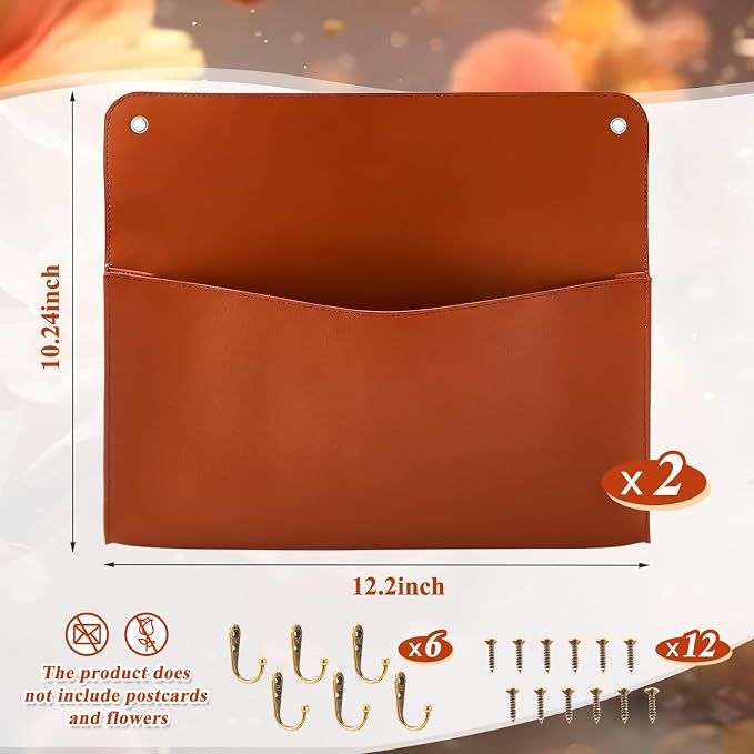 Marspark 2 Set PU Leather Mail Holder Wall Mount 12.2x10.24 Inch Leather Letter Holder 2 Ring Binder Hanging Wall File Organizer Mail Sorter for Decor Storage Letter Postcard Flower Home Office(Brown)