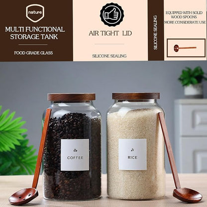 2 Pack Glass Storage Jars with Airtight Wooden Lids, 2700ml Large Clear Kitchen Canisters with Spoon, Food Storage Containers for Flour Sugar Coffee Beans Rice Cereal Pantry Organization