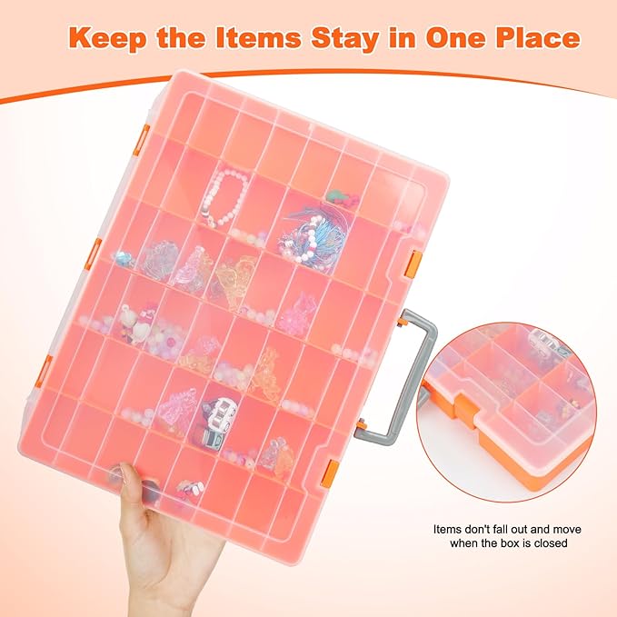 Bluedale 48 Grids Large Plastic Organizer Box with Adjustable Dividers, Beads Storage Containers Compartment Tackle Box Case for Crafts Hobby Small Parts Fishing Seeds Jewelry (Orange)