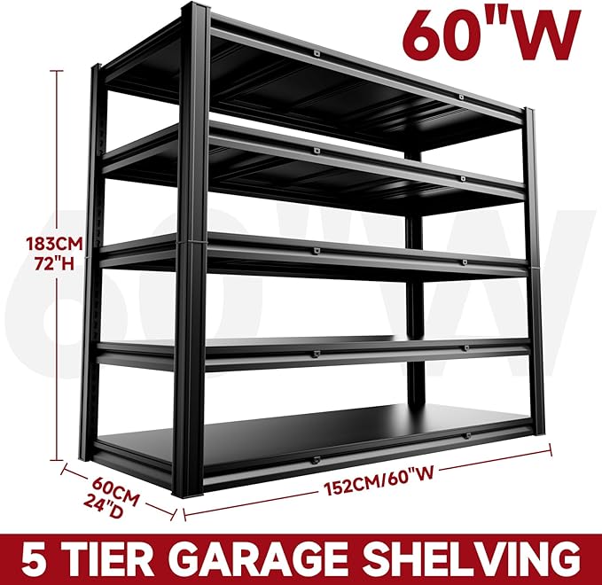 cynnda 5-Tier 60" W x 24" D x 72" H Garage Shelving Units 3000LBS Shelves Garage Heavy Duty Metal Shelf Unit Adjustable Basement Industrial Storage Racks