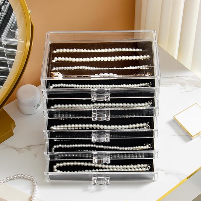 YUFONG Necklace Holder Organizer, Dustproof Necklace Box Velvet Necklace Organizer Box with Lid Clear Acrylic Dustproof Stackable Jewelry Displays for Necklaces Chain Display (Black, 5 Drawer)