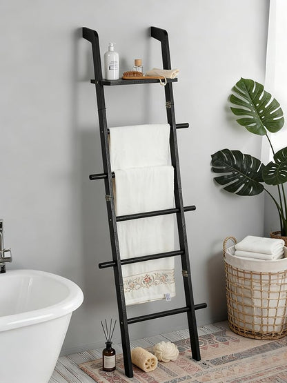 Black Blanket Ladder with Top Shelf for the Living Room - 67in Decorative Wooden Blanket Holder, 5 Tier with Side Hooks for Hanging - Rustic Farmhouse Towel Ladder Throw Rack for Organizer and Display