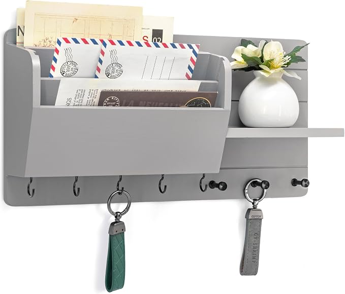 Rebee Vision Pine Wood Modern Key Holder Wall Mount for Home Decor - Mail Holder Wall Mounted with Floating Shelf, Storage Hooks & Mail Slot - Rustic File Organizer for Apartment Decor (Gray)