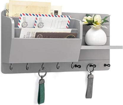 Rebee Vision Pine Wood Modern Key Holder Wall Mount for Home Decor - Mail Holder Wall Mounted with Floating Shelf, Storage Hooks & Mail Slot - Rustic File Organizer for Apartment Decor (Gray)