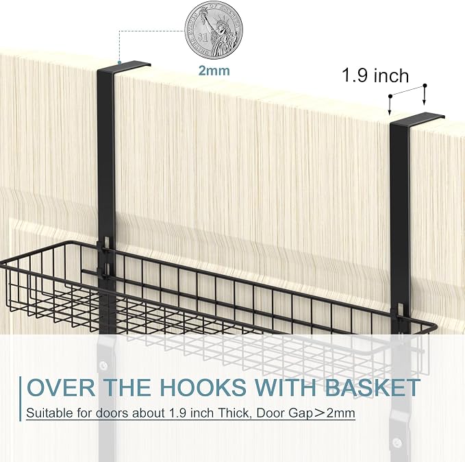 Over the Door Pantry Organizer 3 Tier Hanging Basket Back Door Storage Rack Shelf Metal Over the Door Shelves with 3 Baskets and 5 Hooks for Bathroom Kitchen Pantry Bedroom, Black