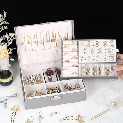 Jewelry Box for Women Girls, 2 Layers Jewelry Organizer Container with Lock, PU Leather Storage Case with Removable Tray, Jewelry Display Box for Necklaces Earrings Bracelets Rings Watches (Grey)