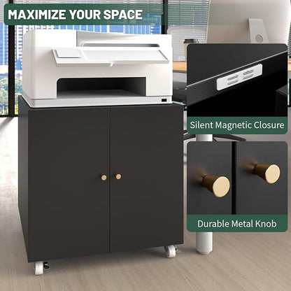 TEEALUBAN Printer Stand with Storage Cabinet with Wheels,3D Heavy Duty Metal Large Printer Table with Adjustable Shelf for Home Office, Mobile Printer Cart,Black,23.62" H