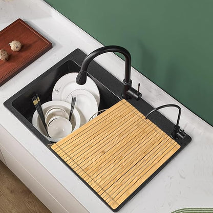 Over Sink Drainer Rack, Bamboo Roll up Dish Drying Rack Multipurpose Dish Drainer Counter Space, Over The Sink Dish DryingRack for Draining Dish, Glass, Vegetables, Fruits