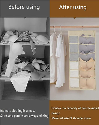 Closet Hanging Organizer with Mesh Pockets & Rotating Metal Hanger,Dual Sided Wall Shelf Wardrobe Storage Bags,Oxford Cloth Space Saver Bag for Bra Underwear Underpants Socks (white)