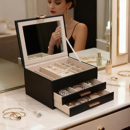Large Jewelry Organizer Box with Mirror - Features Ring Rolls, Necklace Hooks, Earring Slots, Plush Interior for Luxury Protection Black