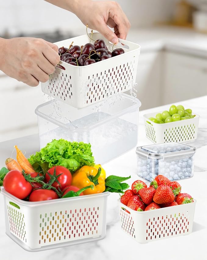 TBMAXS 4 Pack Food Storage Containers Fruit Containers for Fridge with Colander Airtight BPA Free Plastic Berry Keeper Container Produce Saver Vegetables Keep Fresh