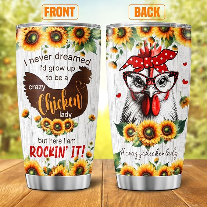 Crazy Chicken Lady Gift for Women, Funny Sunflower Chicken Cup 20oz Stainless Steel Insulated Tumbler, Rustic Farm Style Travel Mug for Chicken Lovers, Backyard Farmers, Mom or Wife