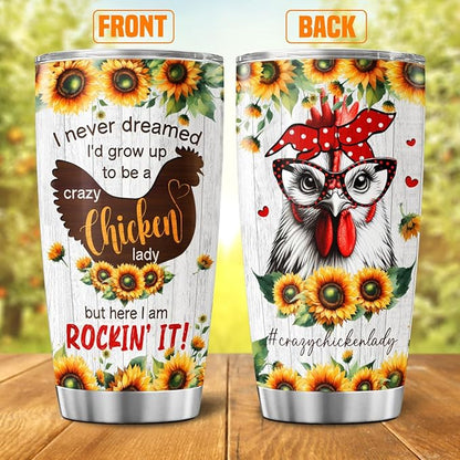 Crazy Chicken Lady Gift for Women, Funny Sunflower Chicken Cup 20oz Stainless Steel Insulated Tumbler, Rustic Farm Style Travel Mug for Chicken Lovers, Backyard Farmers, Mom or Wife