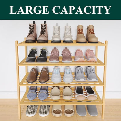 Smiry Bamboo Shoe Rack 4-Tier, Stackable Wooden Shoe Organizer for Entryway & Closet, Free Standing Wood Shoe Storage Shelf for Front Door & Small Spaces, Natural