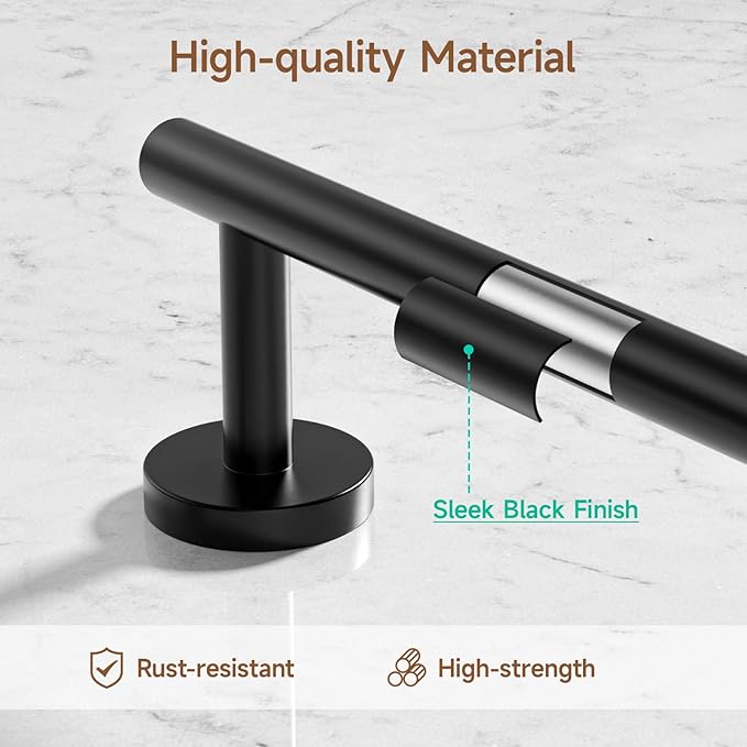USHOWER Matte Black Bathroom Hardware Set, Modern 24-Inch Towel Bar Set Wall Mounted, Durable SUS304 Stainless Steel Bathroom Accessories Set, 4-Piece
