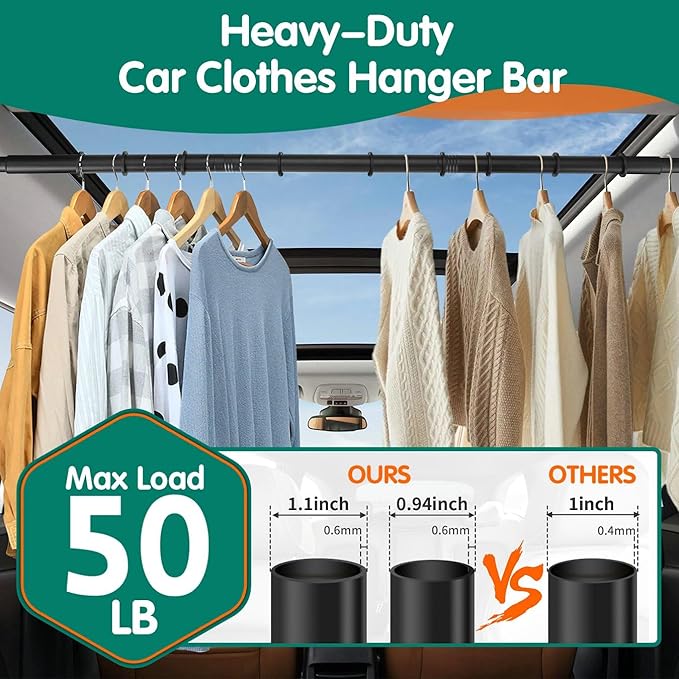 Car Clothes Hanger Bar – Adjustable Telescopic Car Clothes Rack, 30–62 Inches, for Wrinkle-Free Clothes Hanging in Vehicles, Heavy-Duty Non-Slip Car Hanging Rod for Sedans, SUVs, Trucks, Travel