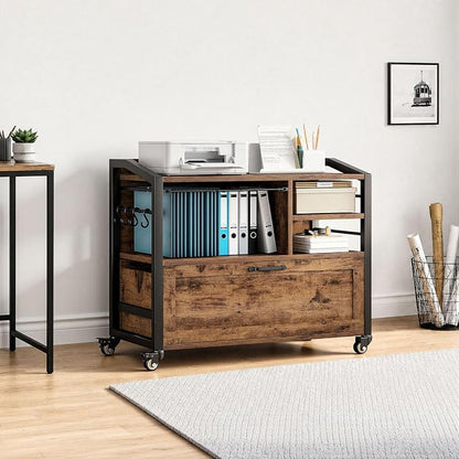 LVB Wood Lateral File Cabinet with Drawers, Rolling Filing Cabinet Under Desk for Home Office, Printer Stand with Storage Shelf,Hanging File Organizer for Legal/Letter Size, Rustic Oak, 33Inch