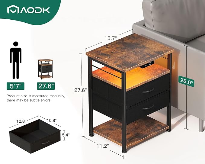 AODK Night Stand with Charging Station and LED Lights, 27.6 Inch Bed Side Table with 2 Drawers and Open Shelf, Bedside Table for Bedroom, Living Room, Vintage & Black