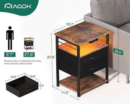 AODK Night Stand with Charging Station and LED Lights, 27.6 Inch Bed Side Table with 2 Drawers and Open Shelf, Bedside Table for Bedroom, Living Room, Vintage & Black