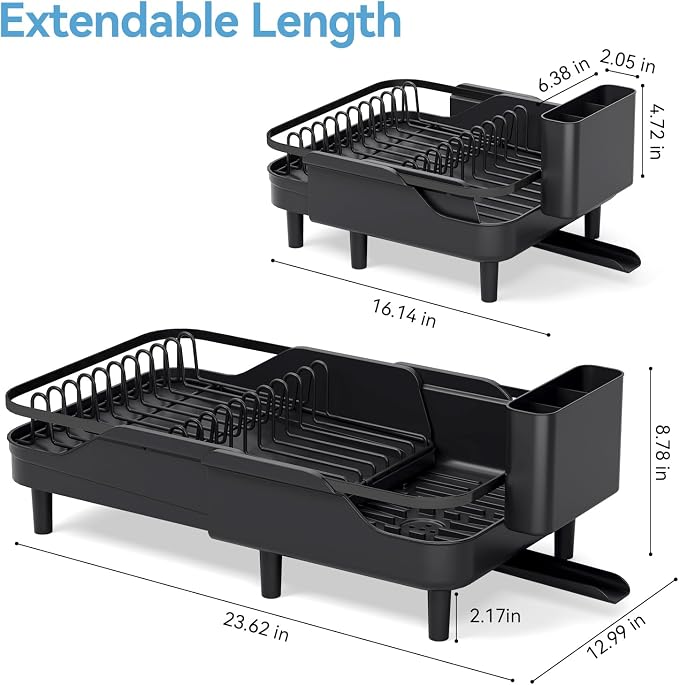 Urackify Expandable Dish Rack for Kitchen Counter,16.14"-23.62" Large Dish Drying Rack with Adjustable Water Spout, Space Saving Dish Drainer with Auto Draining Cutlery Holder, Matte Black