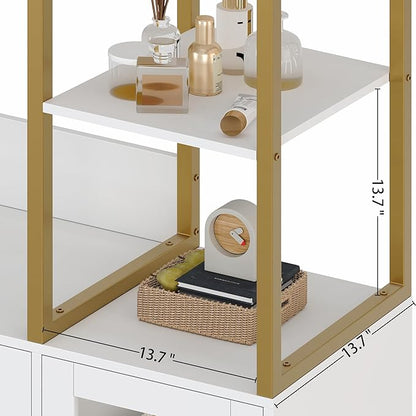 2pcs Closet Organizer System, Wardrobe Closet with 3 Wooden Drawers, Clothes Rack with Hanging Rods and 4 Tiers Shelves, Garment Rack with Metal Frame, White and Gold