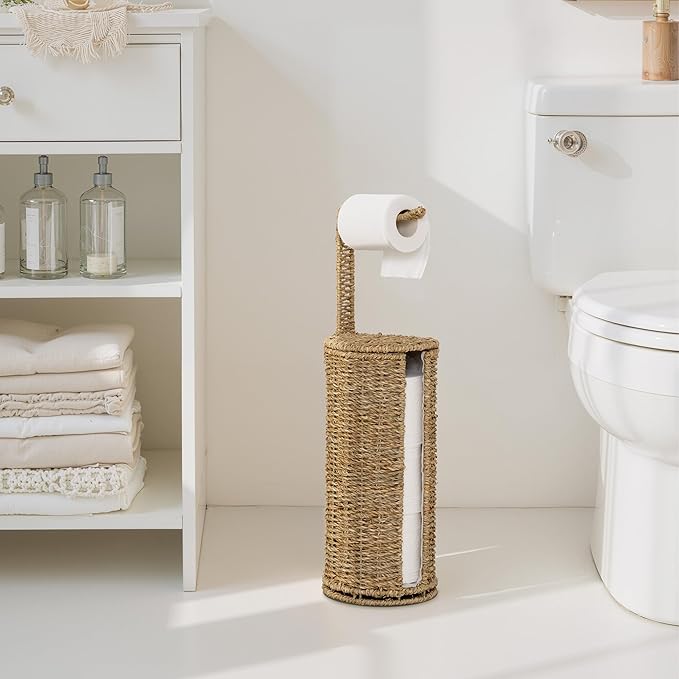 StorageWorks Wicker Seagrass Freestanding Toilet Paper Holder Stand with Storage, Farmhouse Covered Toilet Paper Stand for 4 Rolls with Cloth Lining, Tissue Holder for Bathroom Decor with Shelf