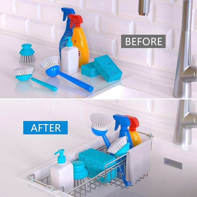 FavoThings Over The Kitchen Sink Caddy Sponge Holder Organizer Drying Rack Expandable for Sponge Brush Soap Dish Cloth Rag Smaller 12.25" to 17.25", Stainless Steel