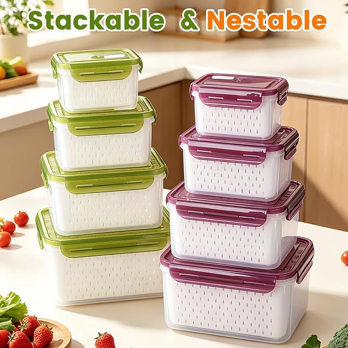 TBMax 8 Pieces Airtight Fruit Storage Containers for Fridge with Air Circulation Vent, 4 Pack Produce Saver with Colander for Berry Lettuce Salad Vegetable Storage, Refrigerator Organizers -Purple
