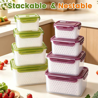 TBMax 8 Pieces Airtight Fruit Storage Containers for Fridge with Air Circulation Vent, 4 Pack Produce Saver with Colander for Berry Lettuce Salad Vegetable Storage, Refrigerator Organizers