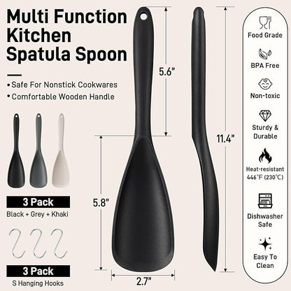 3 PACK Silicone Cooking Spatula & Spoon for Nonstick Cookware, Multifunction Spoonula for Baking, Cooking, Serving, Mixing, Stirring, Scoop, Scrape - One-Piece Formed, Sturdy BPA-Free, Dishwasher Safe