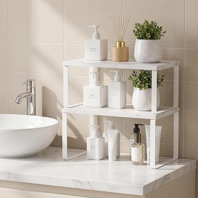 CADUKE Counter Shelf Set of 4 Kitchen Cabinet Shelf Organizer Stackable Expandable Countertop Shelf Organizer Spice Rack for Bathroom Pantry Racks,Metal and Engineered Wood, Marble White