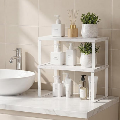 CADUKE Counter Shelf Set of 4 Kitchen Cabinet Shelf Organizer Stackable Expandable Countertop Shelf Organizer Spice Rack for Bathroom Pantry Racks,Metal and Engineered Wood, Marble White