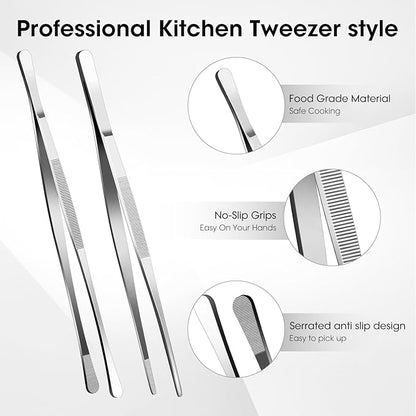 2 Pcs 12-inch Stainless Steel Kitchen Utensils, Cooking Tongs, Kitchen Tweezers for Cooking, Camping Cooking Essentials
