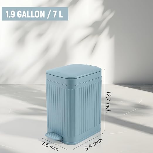 rejomiik Small Bathroom Trash Can with Lid Slim Soft Close Garbage Can Step Wastebasket Container Trash Bin for Office Bedroom Kitchen Living Room 1.9 Gallon, Light Blue