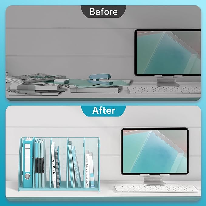 SUPEASY Binder Organizer, Magazine File Holder with 5 Vertical Compartments Rack, Metal Desk File Organizer & Binder Holders, Magazine Organizers for Office Desktop, Home, School, Classroom (Blue)