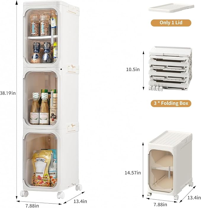 3-Tier Slim Narrow Bathroom Storage Cabinet, Cream White | Tool Free Assembly, Adjustable shelves, Fits for Narrow Spaces, Lockable Wheels, Magnetic Clear Door