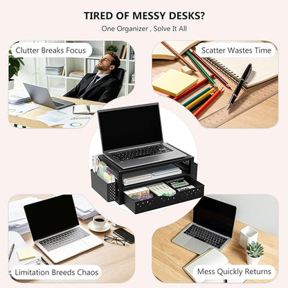 WALI Monitor Stand Riser with Drawer and 2 Pen Holders, Desk Organizers and Accessories for Computer, Printer, Laptop Stand for Home Office Supplies, (PTT004-B), 1 Pack, Black