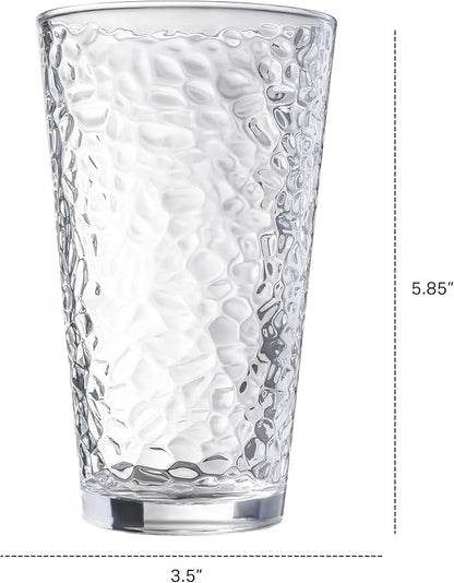Le'raze Set of 10 Hammered Glass Cups, Clear Heavy Base Drinking Glasses | 16oz, Stackable, Durable, Dishwasher Safe, Freezer Safe, Non Slip, 100% Food Grade, BPA Free, Secure Packaging, Eco-Friendly