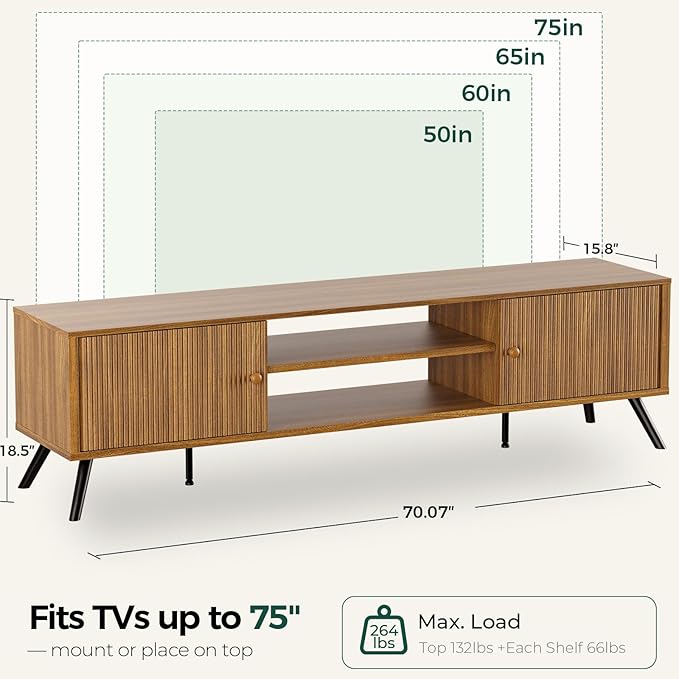 COMHOMA TV Stand for Living Room, Mid Century Modern Entertainment Center for 65/70/75 Inch TVs, Retro Brown TV Console with Fluted Door Cabinets and Open Adjustable Shelve Storage for Bedroom