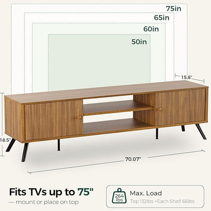 COMHOMA TV Stand for Living Room, Mid Century Modern Entertainment Center for 65/70/75 Inch TVs, Retro Brown TV Console with Fluted Door Cabinets and Open Adjustable Shelve Storage for Bedroom