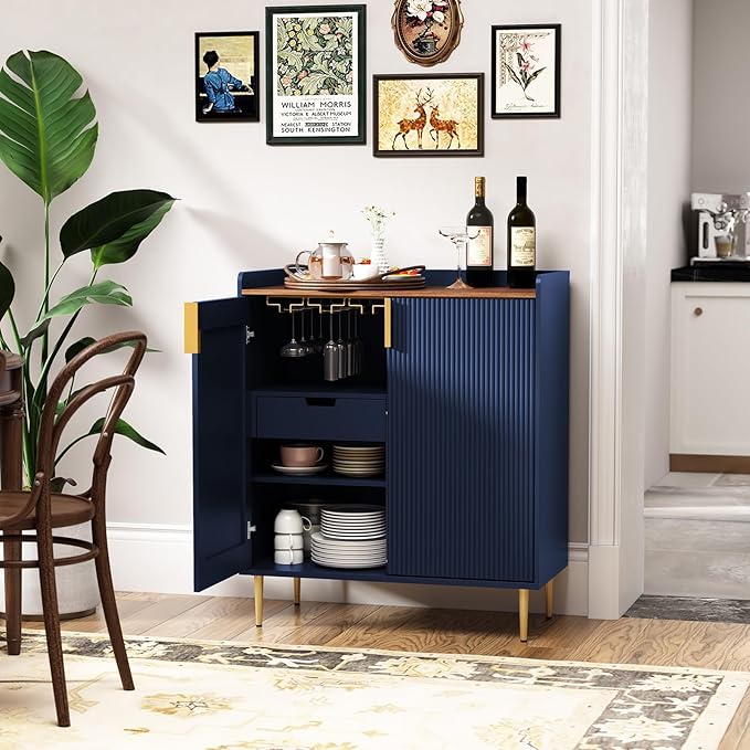 ARTPOWER Sideboard Buffet Cabinet with Fluted Texture, Modern Coffee Bar Cabinet with Wine Rack&Drawers, Blue Liquor Cabinet for Kitchen Dining Room, Living Room