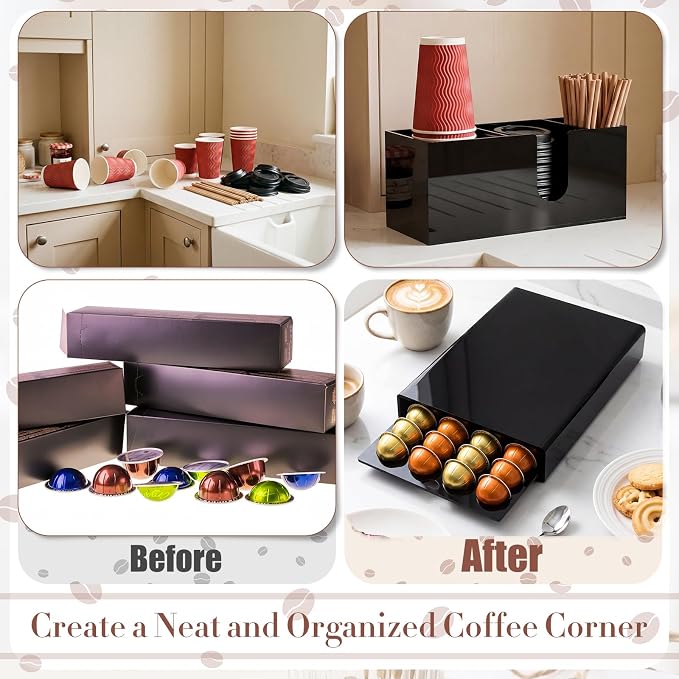Coffee Pod Drawer Organizer with Black Station Organizer Compatible with Nespresso Vertuo Acrylic Coffee Capsule Holder Drawer Machine Accessories 40 Pods