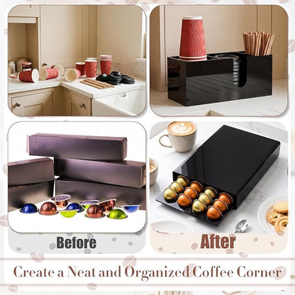 Coffee Pod Drawer Organizer with Black Station Organizer Compatible with Nespresso Vertuo Acrylic Coffee Capsule Holder Drawer Machine Accessories 40 Pods
