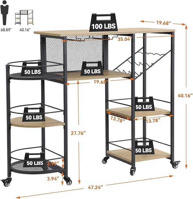Bar Cart, Home Bar Service Cart with Wine Rack and Glass Holder, Kitchen Cart with Rolling Wheels, Metal Bar Rack with 7 Tiers Storage for Home, Kitchen, Living Room, Dining Room (Wood)
