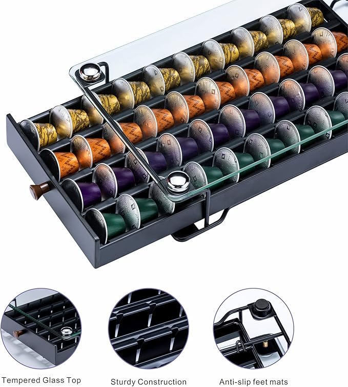 ZCDCP Coffee Pod Holder, Black Nespresso Original Pod Holder, Coffee Capsule Storage Drawer with Crystal Tempered Glass Top, 40 Pods