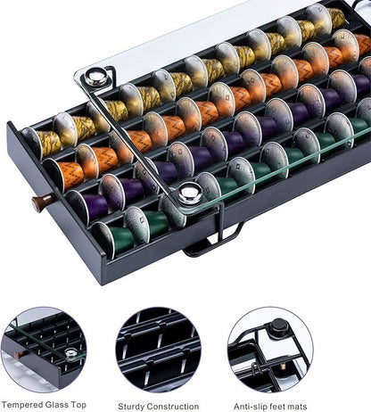 ZCDCP Coffee Pod Holder, Black Nespresso Original Pod Holder, Coffee Capsule Storage Drawer with Crystal Tempered Glass Top, 40 Pods