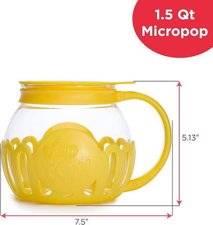 Ecolution Patented Micro-Pop Microwave Popcorn Popper with Temperature Safe Glass, 3-in-1 Lid Measures Kernels and Melts Butter, Made Without BPA, Dishwasher Safe, 1.5-Quart, Yellow