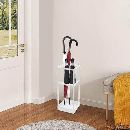 Umbrella Rack for Entryway, Modern Metal 20.87in Tall Freestanding Umbrella Holder with Built-in Shelf, Compact Storage for Long&Short Stick Rain Umbrellas and Walking Canes (White)