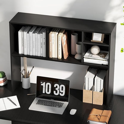 Desk Hutch, Desktop Shelf with 4 Shelves, Desk Bookshelf w/Anti-Toppling Devices, Wood Table Top Bookshelf Organizer, Small Desk Shelf for Study, Office, Dorm (Black, 4 Shelves)